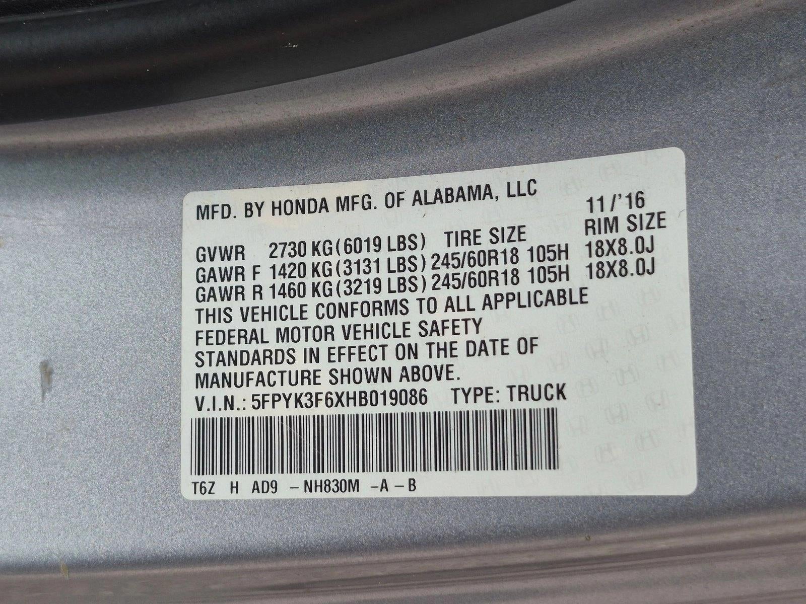 2017 Honda Ridgeline RTL-T 4x4 Crew Cab 5.3' Bed